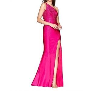 NEW FAVIANA one shoulder rhinestone gown in hot pink